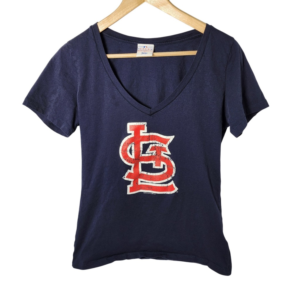 St Louis Cardinals Womens V Neck T Shirt Navy Blue Genuine Merchandise Size L